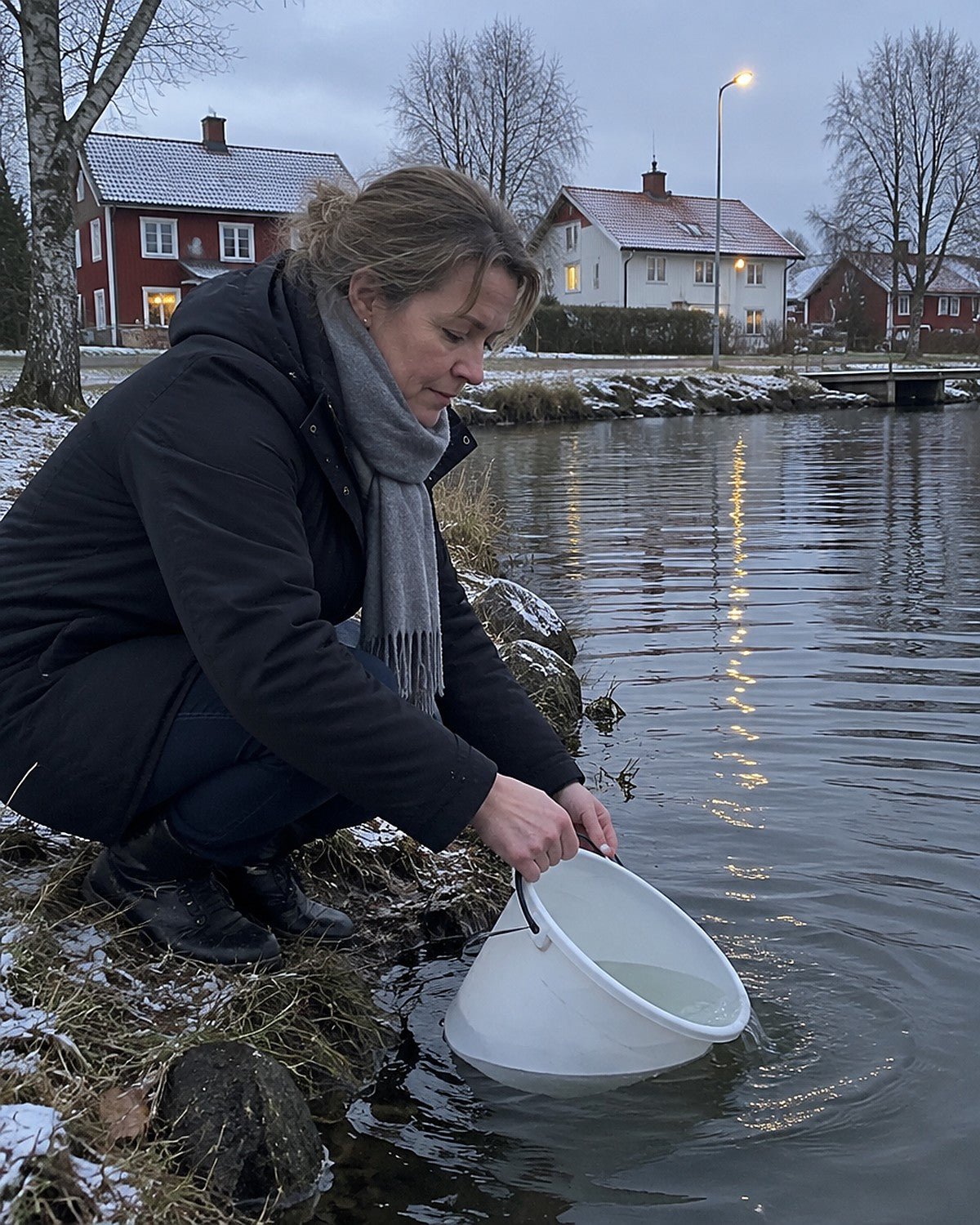 Kvinna hämtar vatten i en hink från en sjö nära villor