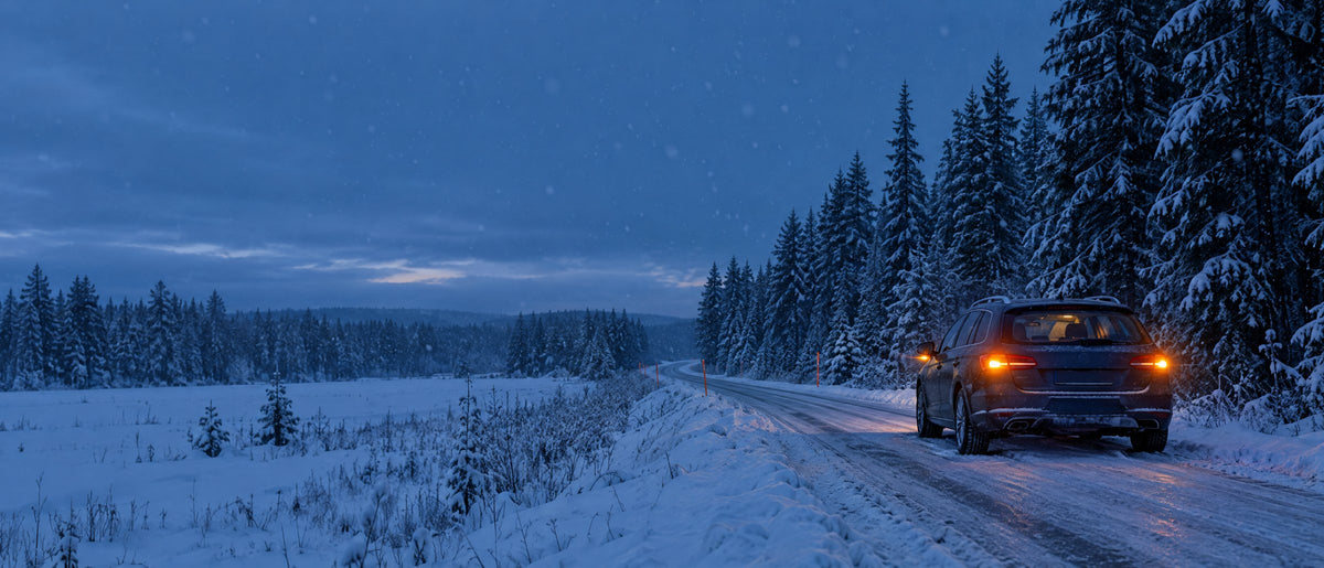 Bil stannad på snöig landsväg i skymningen