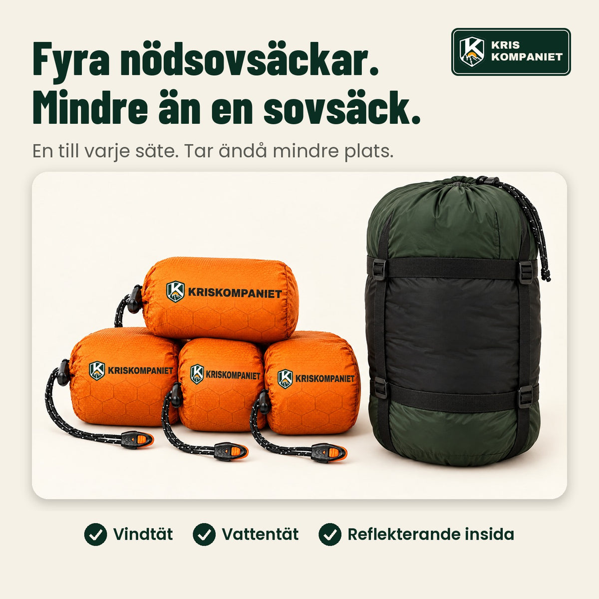 Fyra nödsovsäckar tar mindre plats än en vanlig sovsäck