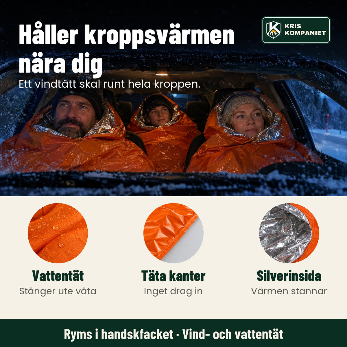 Familj i bil i snöstorm, varma i nödsovsäckar