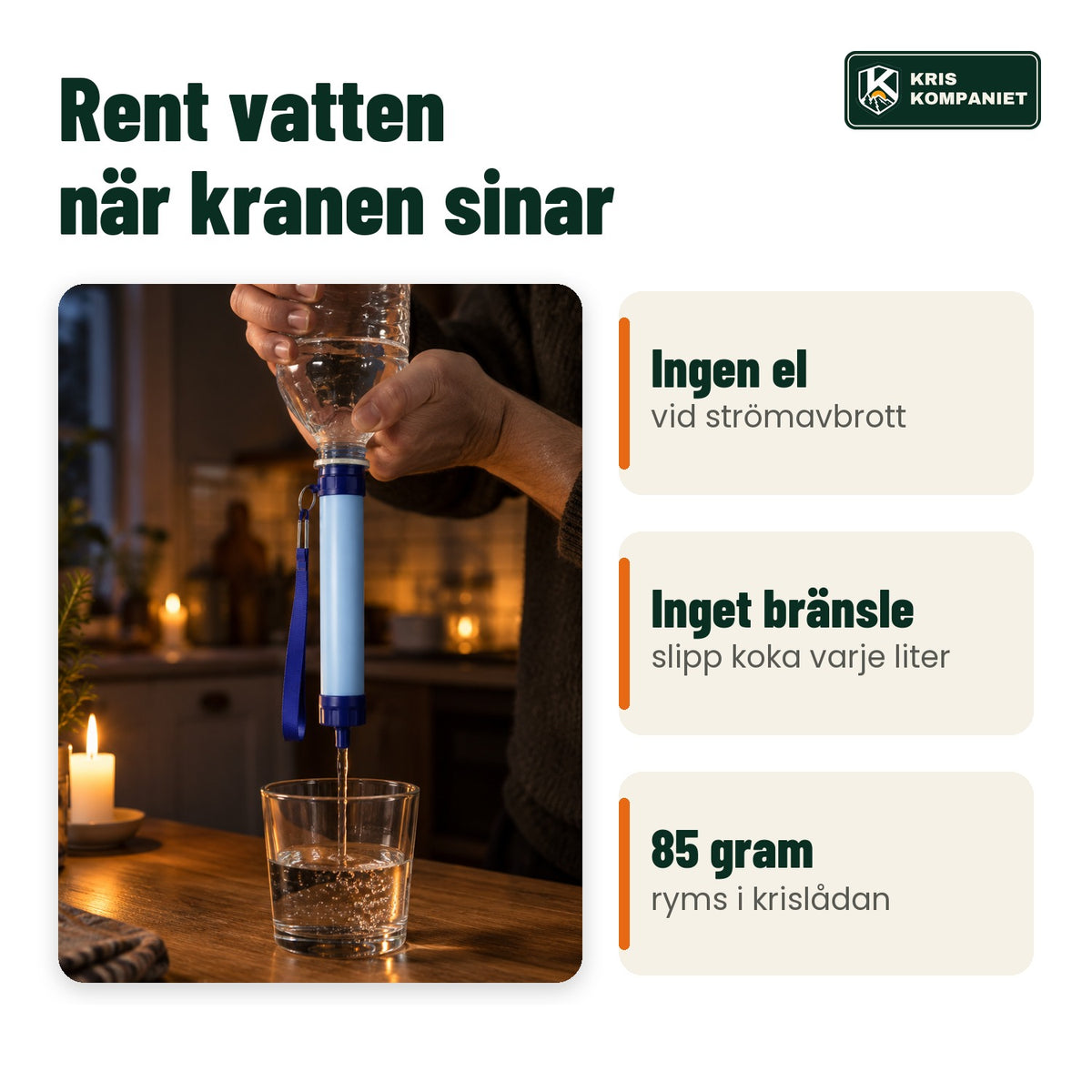 Rent vatten vid strömavbrott: vatten trycks genom filtret ner i ett glas i köket