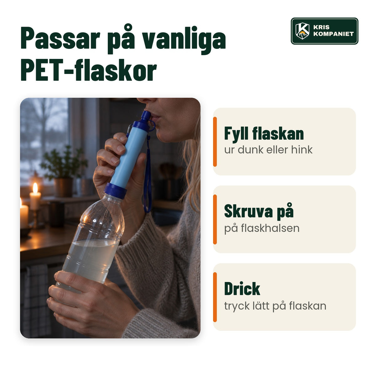 Filtret skruvat på en vanlig PET-flaska i köket