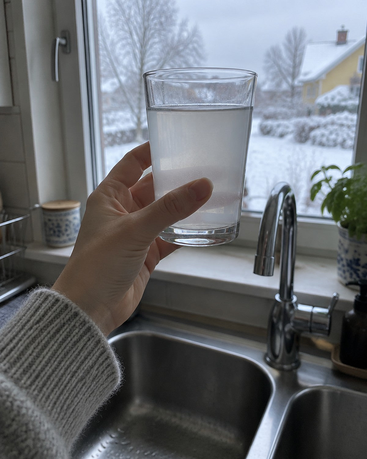 Hand håller upp ett glas med grumligt kranvatten